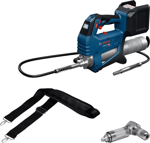 Bosch GFP 18V-10 cordless grease gun with strap.