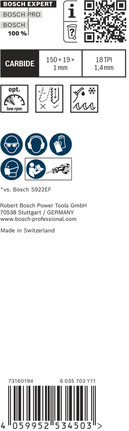 EXPERT ‘Thin Tough Metal’ S 922 EHM Reciprocating Saw Blade 1-pc Bosch EXPERT Thin Tough Metal S 922 EHM reciprocating saw blade.