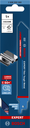 EXPERT ‘Thin Tough Metal’ S 922 EHM Reciprocating Saw Blade 1-pc Bosch EXPERT Thin Tough Metal S 922 EHM reciprocating saw blade.