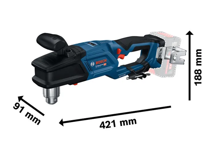 Bosch GRD 18V-127 cordless angle drill with dimensions.