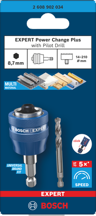 Bosch EXPERT Power Change Plus Arbor with pilot drill for multi-material use.