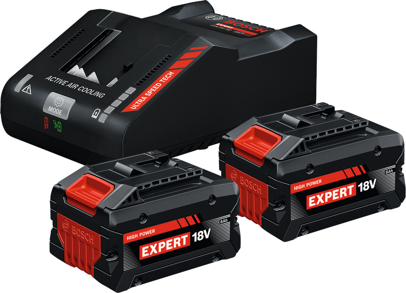 Bosch starter set with charger and two 18V 8Ah batteries.