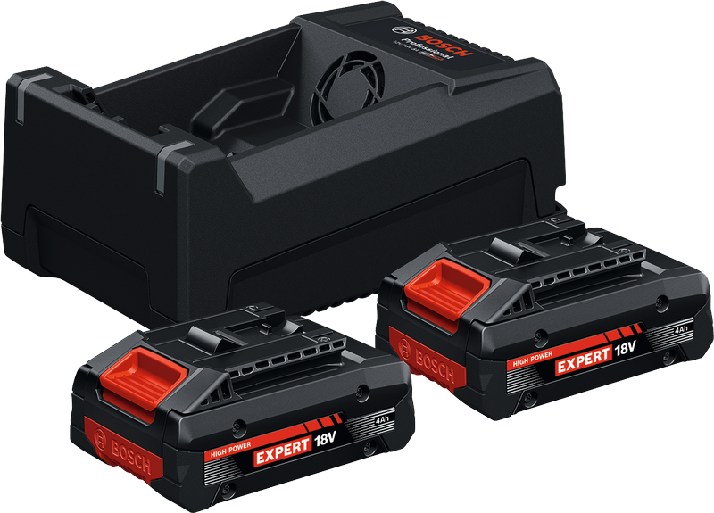 Bosch starter set with GAL 12V/18V-80 charger, 2x 18V 4Ah batteries.