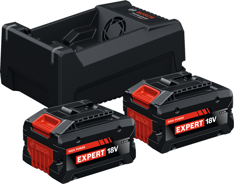 Bosch starter set with GAL 12V/18V-80 charger and two 18V 5.5Ah batteries.