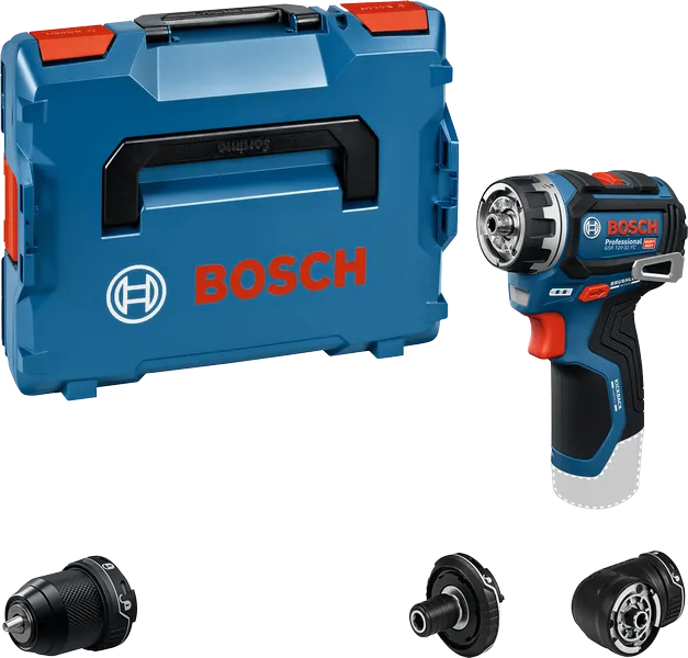 Bosch GSR 12V-35 FC drill set with four attachments.