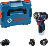 Bosch GSR 12V-35 FC drill set with four attachments.