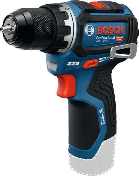 Bosch GSR 12V-32 cordless drill with brushless motor.