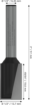 PRO Router Straight Bit, Two Flutes, Ø 1/2″ x L 49/64″, Shank 1/4″ Bosch PRO Router Straight Bit two flutes 1/2 inch diameter.