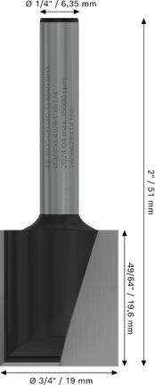 PRO Router Straight Bit, Two Flutes, Ø 3/4″ x L 49/64″, Shank 1/4″ Bosch PRO Router Straight Bit two flutes 3/4 inch diameter.