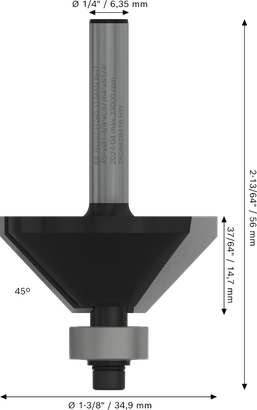 PRO Router Bit Bosch PRO Router Bit Chamfer 45 degree 1/4 inch shank.