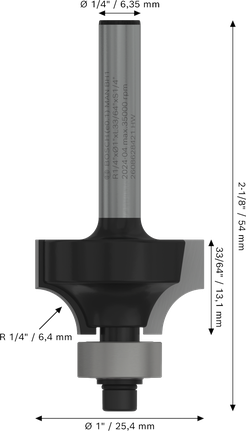 PRO Router Bit Rounding Over, R 1/4″, Shank 1/4″ Bosch PRO Router Bit Rounding Over 1/4 inch radius.