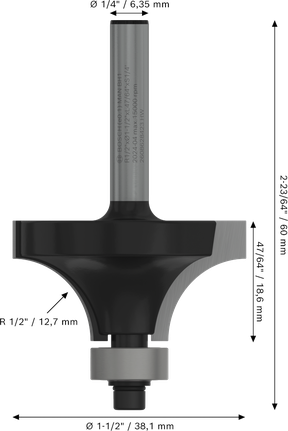PRO Router Bit Rounding Over, R 1/2″, Shank 1/4″ Bosch PRO Router Bit Rounding Over 1/2 inch radius.
