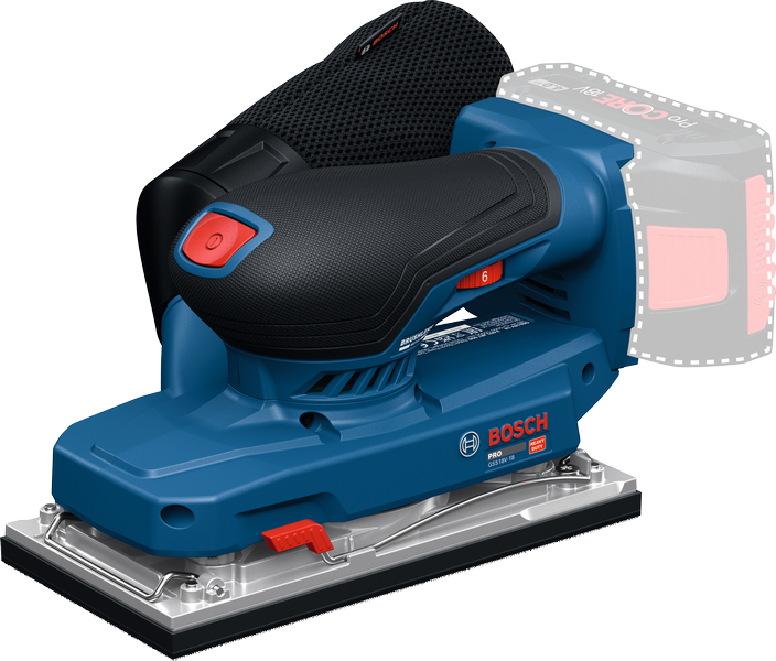Bosch GSS18V-18 orbital sander with ergonomic grip.