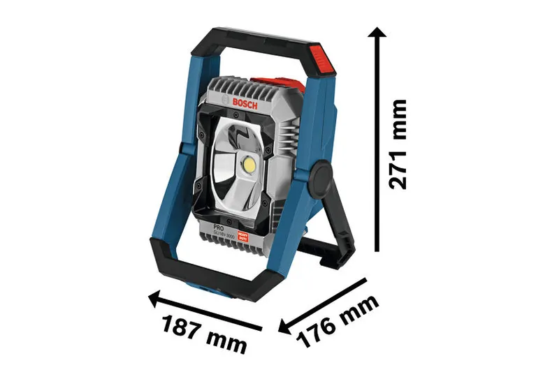 Bosch GLI18V-3000 cordless jobsite light with dimensions.