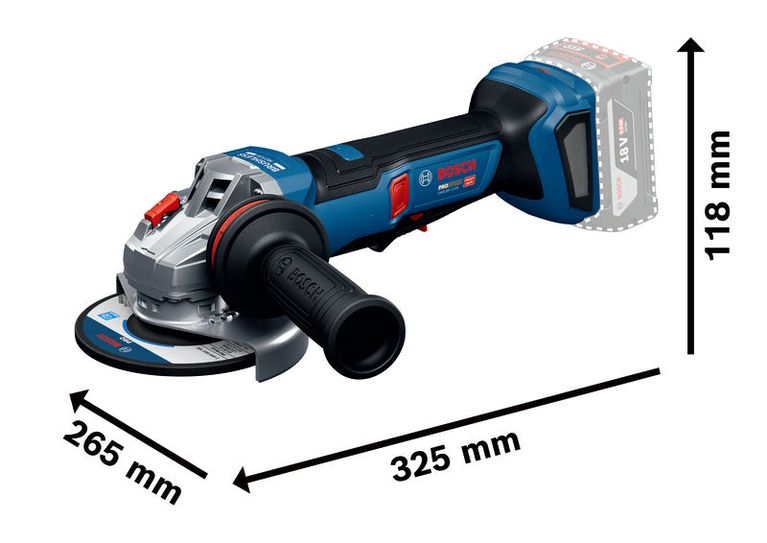 GWS18V-11PS Bosch GWS18V-11PS angle grinder with dimensions shown.