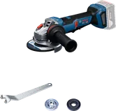 Bosch GWS18V-11PS cordless angle grinder with accessories.