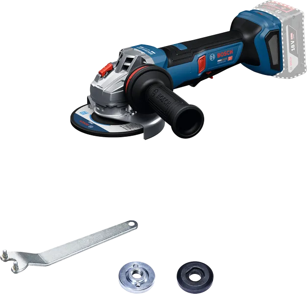 Bosch GWS18V-11PS cordless angle grinder with accessories.