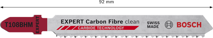 Bosch EXPERT Carbon Fibre Clean T108BHM jigsaw blade with carbide teeth.
