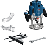 Bosch GOF 20-12 plunge router with accessories.