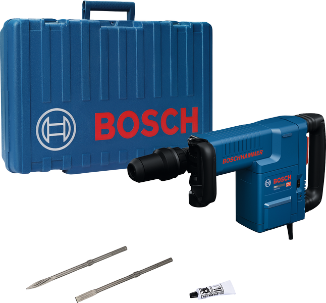 Bosch GSH 11 EV demolition hammer with case and accessories.