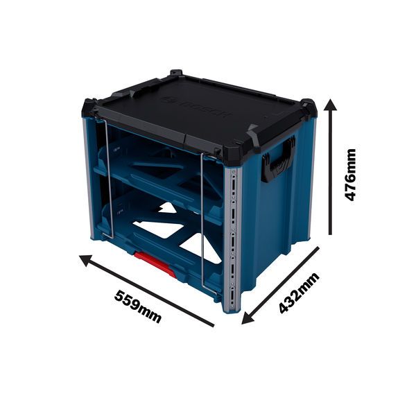 Bosch L-BOXX Contractor Rack 2 carrying case with dimensions.