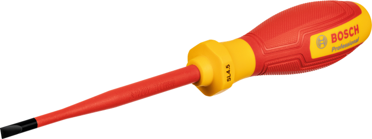 Insulated flathead screwdriver with a red and yellow handle for electrical work.