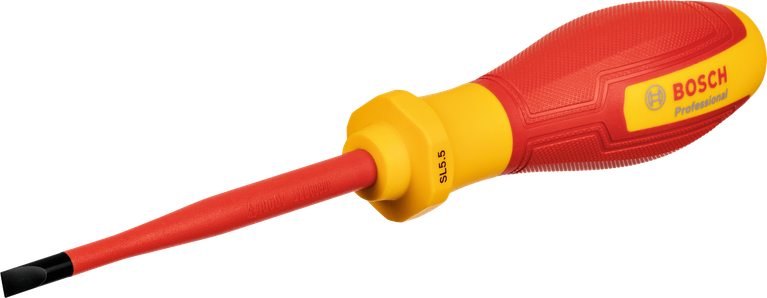 Insulated flathead screwdriver with a red and yellow handle for electrical work.
