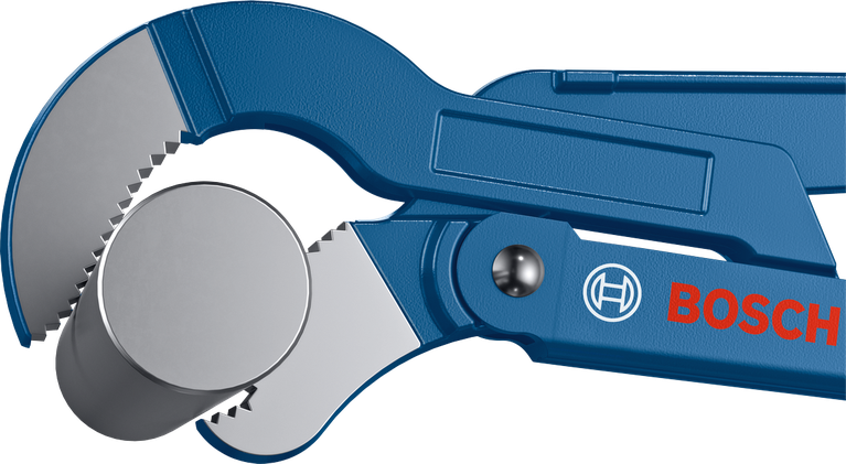 Adjustable pliers grip a round metal pipe securely.