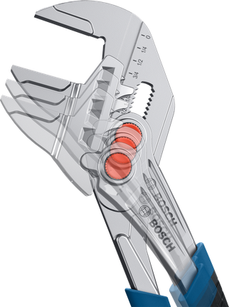 Adjustable wrench with blue handle showing jaw movement positions.