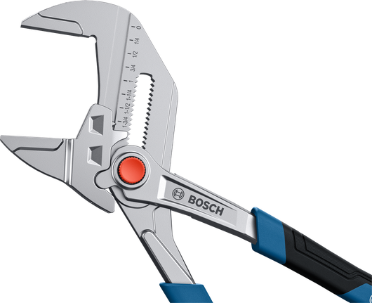 Adjustable metal pliers with blue and black handle on a white background.