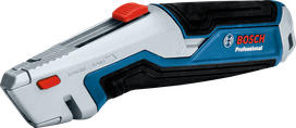 Electric utility knife with a textured handle and red safety switch.