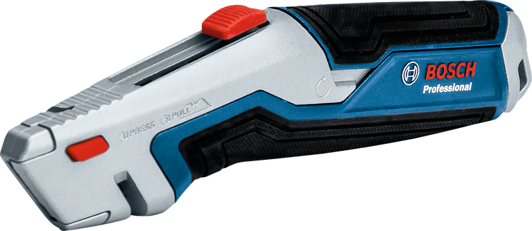 Electric utility knife with a textured handle and red safety switch.
