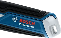 Blue and black power tool handle with textured grip and branding.