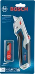 Utility knife and spare blades in plastic packaging on a blue background.