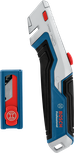 Utility knife and blade case with a blue, gray, and red design.
