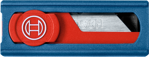 Retractable utility knife with a blue and red plastic casing and exposed blade.