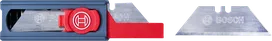 Utility knife blade holder with a red slider next to a loose utility blade.