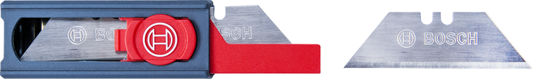 Utility knife blade holder with a red slider next to a loose utility blade.
