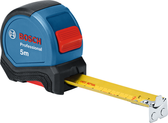 Blue and black tape measure extended to show yellow measuring tape.