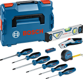 Bosch screwdrivers and hand tools set with carrying case.