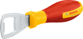 Bosch stainless steel bottle opener with yellow red handle.