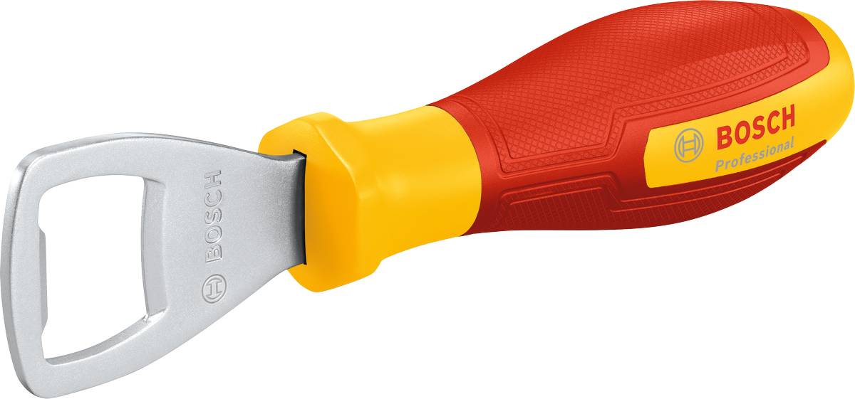 Bosch stainless steel bottle opener with yellow red handle.
