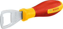 Bosch stainless steel bottle opener with yellow red handle.