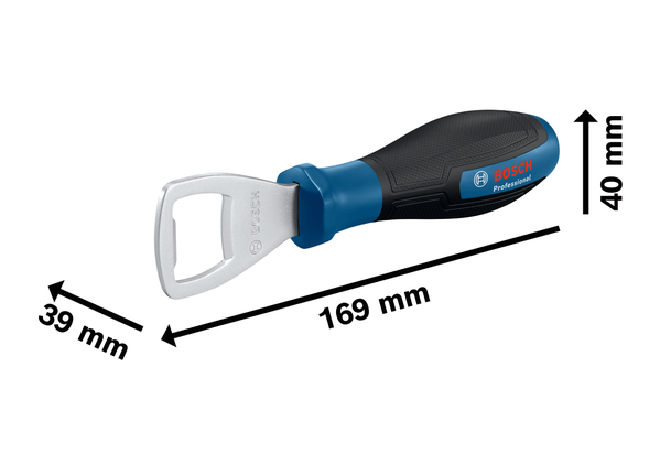 Bosch stainless steel blue bottle opener with ergonomic handle.