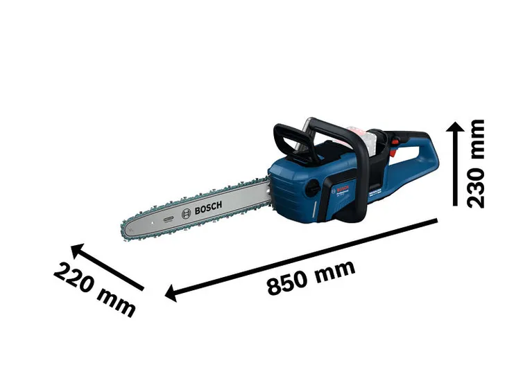 GKE 18V-40 Bosch GKE 18V-40 chainsaw with dimensions shown.