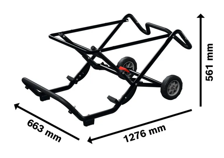 Bosch GTA50W saw stand with wheels and dimensions.