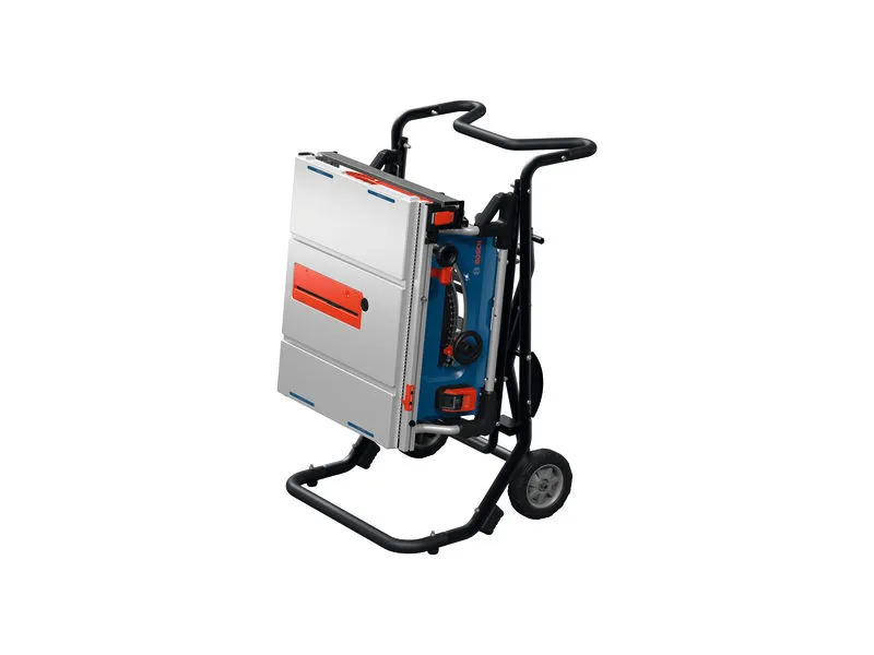 Bosch GTA50W saw stand with table saw in transport mode.