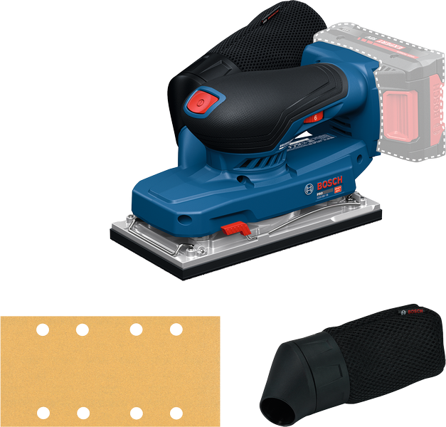 Bosch GSS18V-18 cordless sheet sander with dust bag.