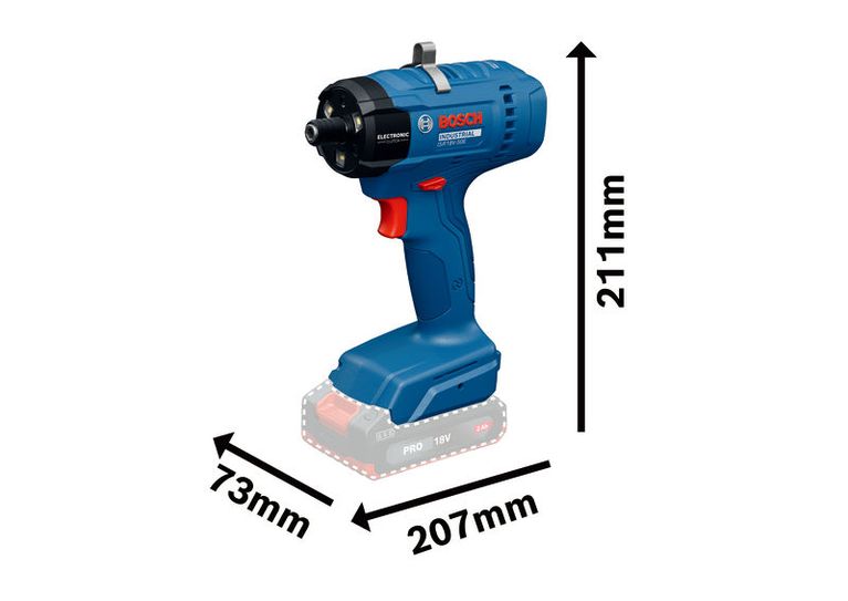 Bosch ISR 18V-50 E impact driver with dimensions.