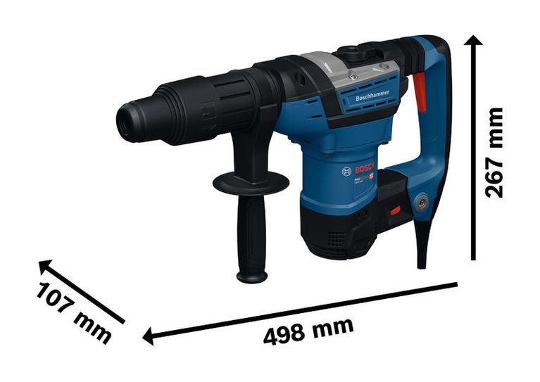 Bosch GBH5-40V rotary hammer with SDS max, dimensional view.